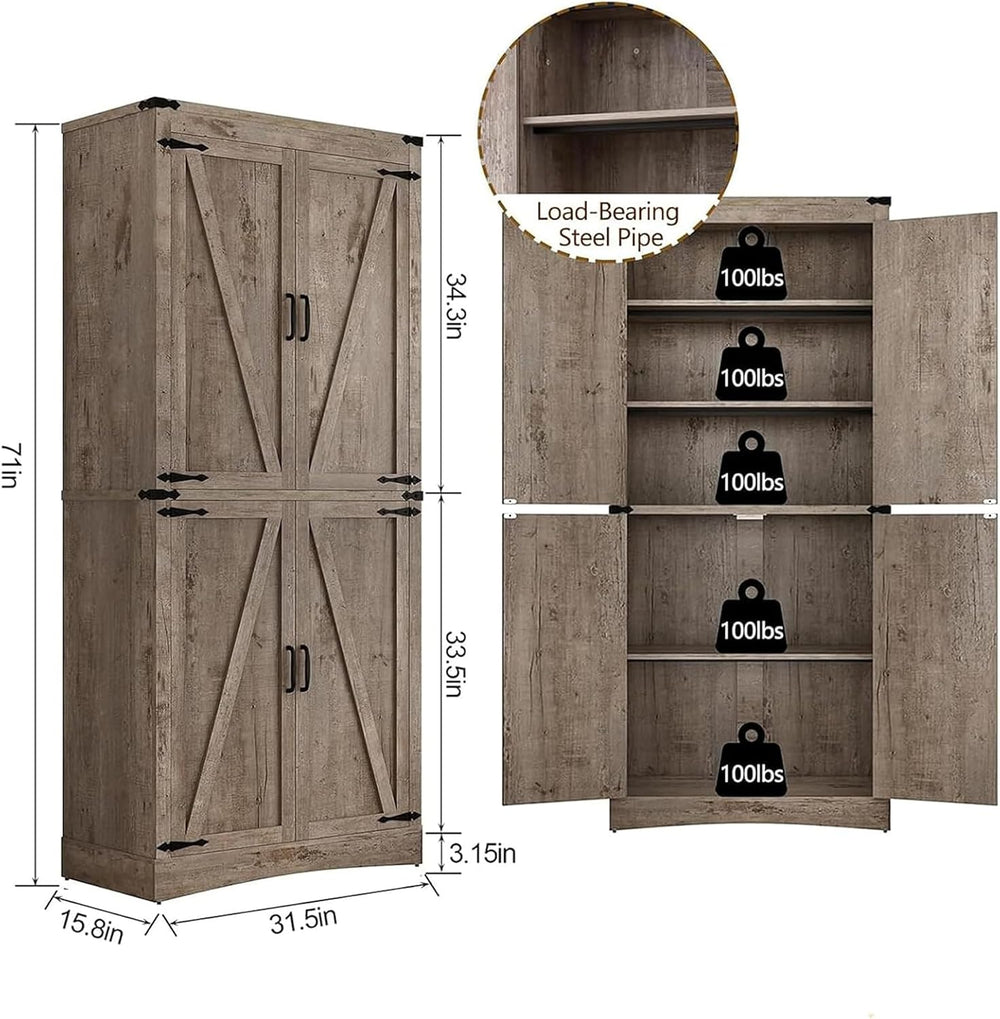 71" Tall Kitchen Pantry,Farmhouse Storage Cabinet with Adjustable Shelve...