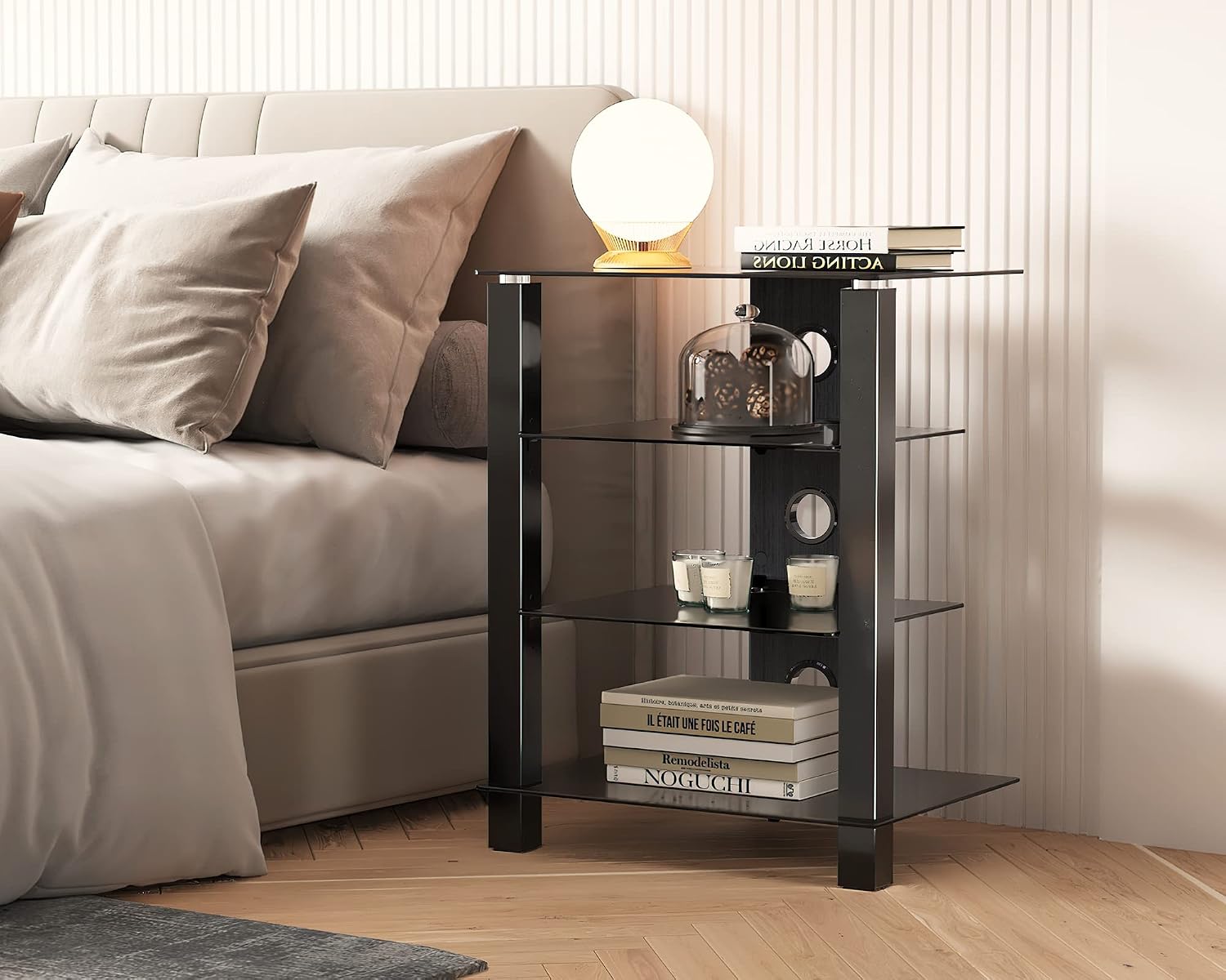 FITUEYES 4-Tier AV Media Cabinet Stand Component Cabinet, Gaming TV Stand and Stereo Rack Audio Tower with Height Adjustable Tempered Glass Shelves, AS406003GB