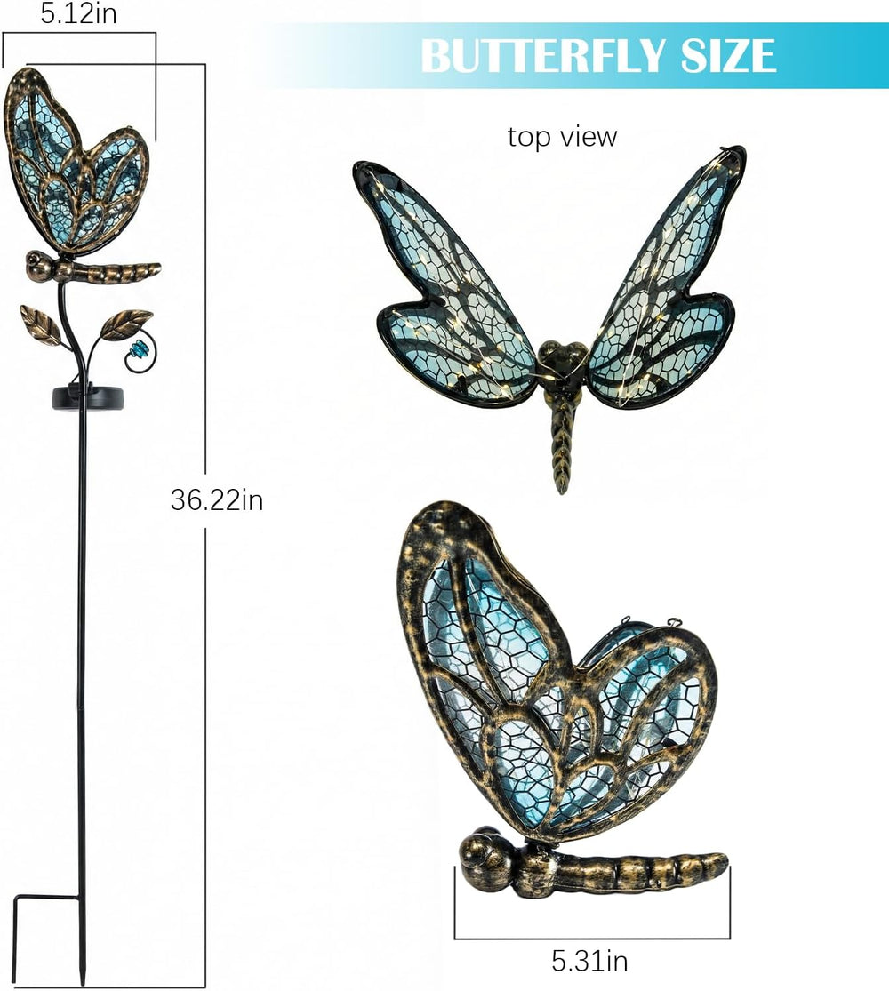 Solar Butterfly Garden Stake Light, Hand-Painted Blue Glass, 36in