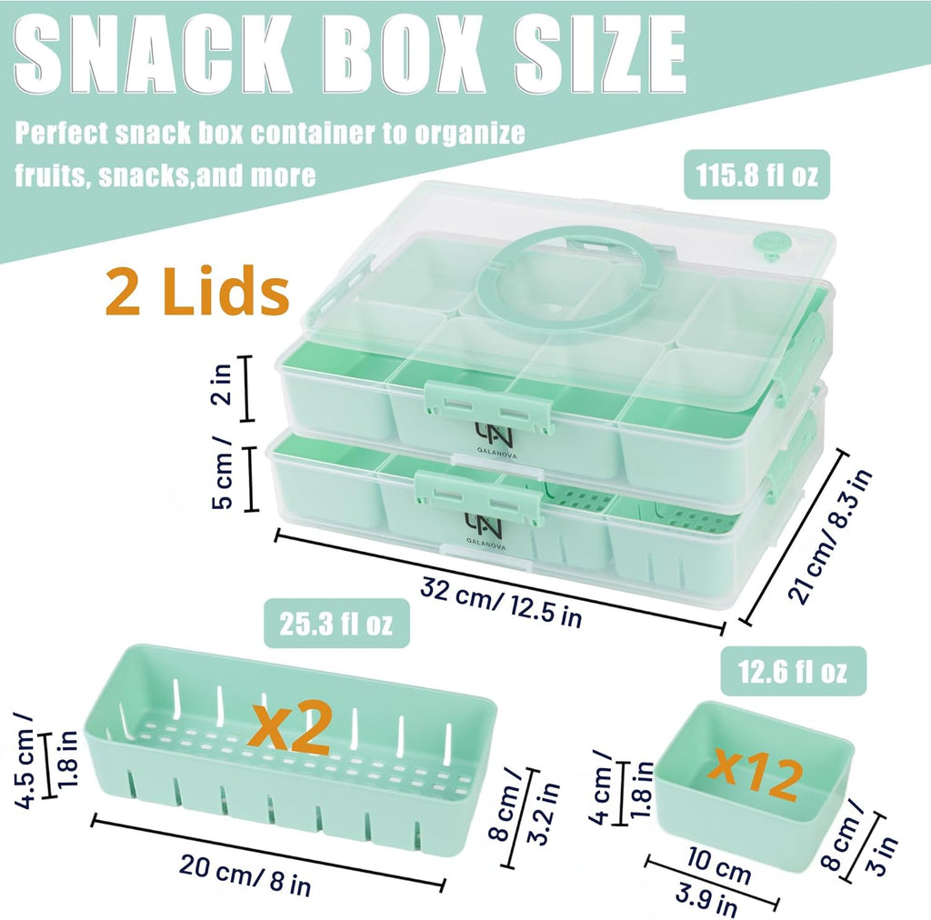 Stackable Snackle Box Container with 2 Lids, 14 Compartments - BPA-Free Snackle box Organizer, Dishwasher & Microwave Safe Reusable Snacklebox for Veggies, Fruits, Charcuterie, Snacks (Green, 2 Pack)