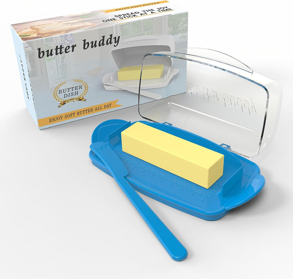 Blue Butter Dishes with Lid for Countertop Refrigerator, Clear Butter Dish Plastic Flip Top Lid Butter Container with Spreader, Non-Slip Bottom Butter Holder Keeper (Transparent Cover Blue)