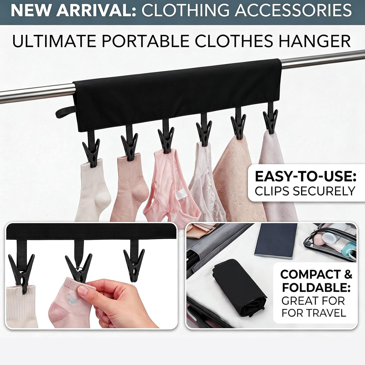 Mini Clothespins Travel Hangers 3-Pack: Foldable Portable Clothes Hangers w/ 6 Clips for Swimsuit, Towel & Sock Drying Rack - Cruise, Dorms, Travel (Black, Blue, Red)