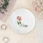 Personalized Birth Flower Jewelry Dish, Custom Floral Name Ring Dish, Trinket Tray for Women Bridesmaid Friends Gift for Birthday, Mother’s Day, Wedding