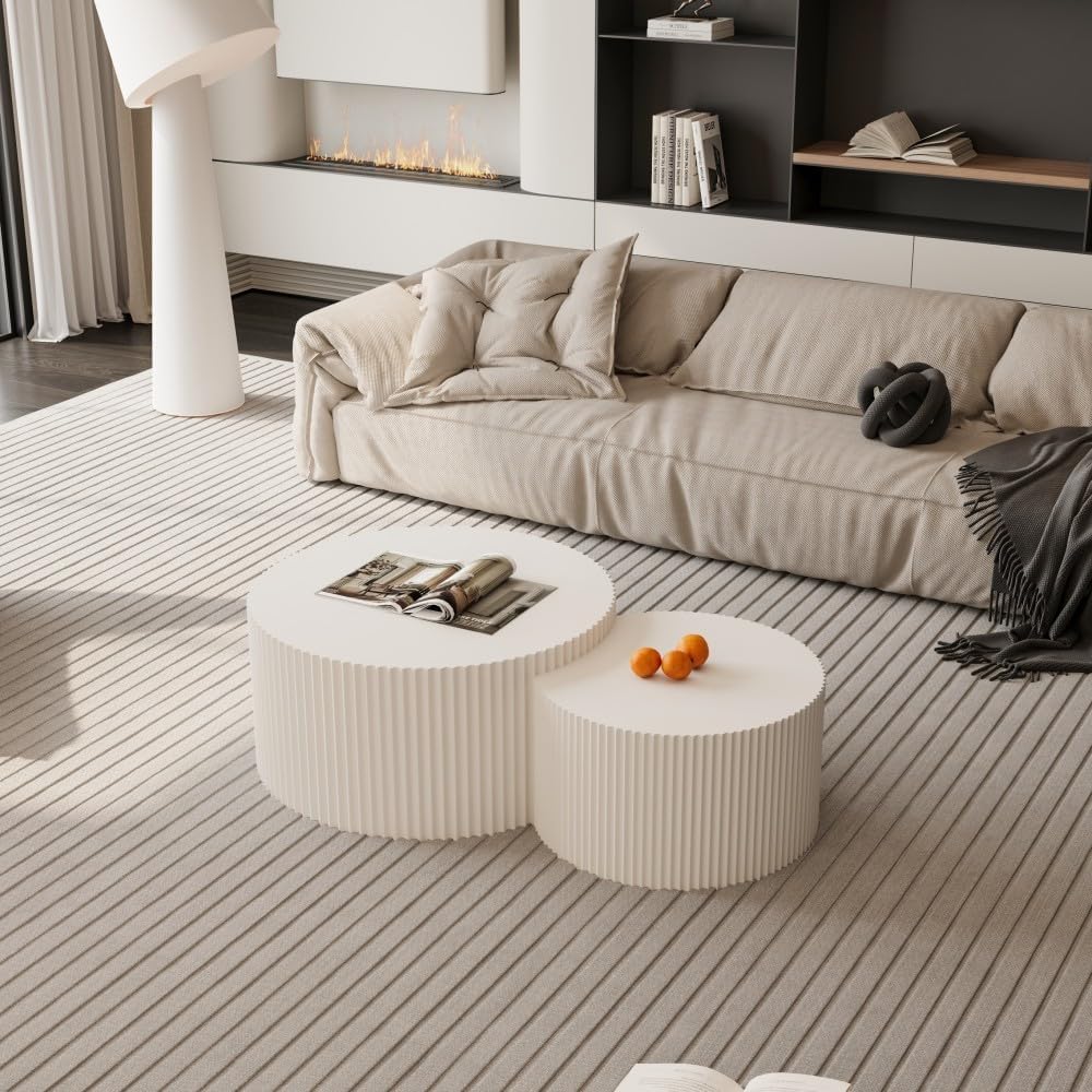 Brilluxa Nesting Coffee Table Set of 2, Vertical Stripe Design, Beige | Two-P...