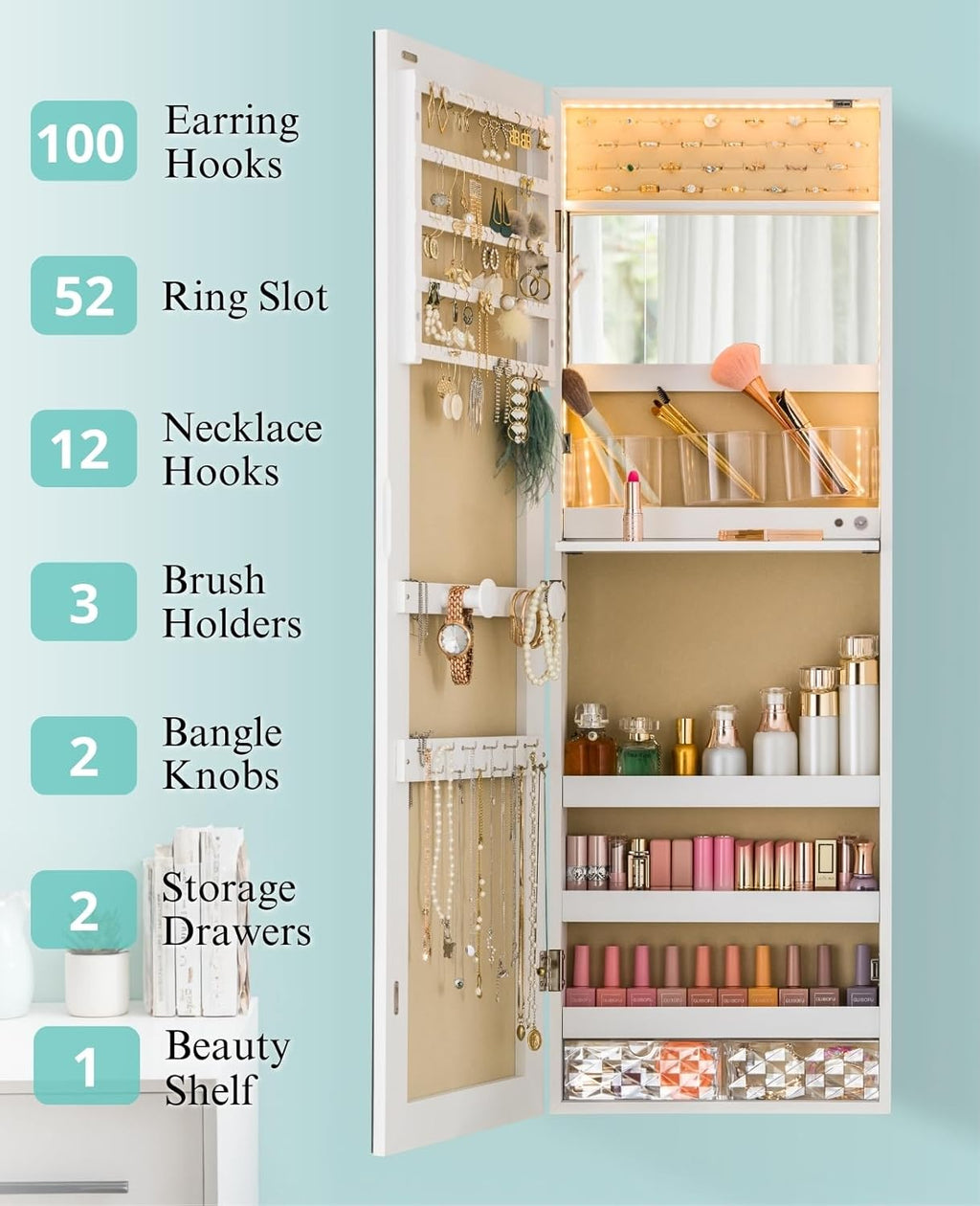 LUXFURNI Mirror Jewelry Cabinet Wall Mounted with lights, 42" Tall Over The Door Hanging Jewelry Armoire, 3 Color Modes Jewelry Mirror Storage, Vanity Table with Interior Mirror, White