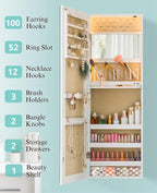 LUXFURNI Mirror Jewelry Cabinet Wall Mounted with lights, 42" Tall Over The Door Hanging Jewelry Armoire, 3 Color Modes Jewelry Mirror Storage, Vanity Table with Interior Mirror, White