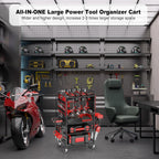 JUNNUJ Garage Large Power Tool Organizer Cart with 20A Charing Station, Heavy Duty Drill and Tools Battery Holder Storage Rack, Floor Standing Rolling Tool Cart on Wheels, Red