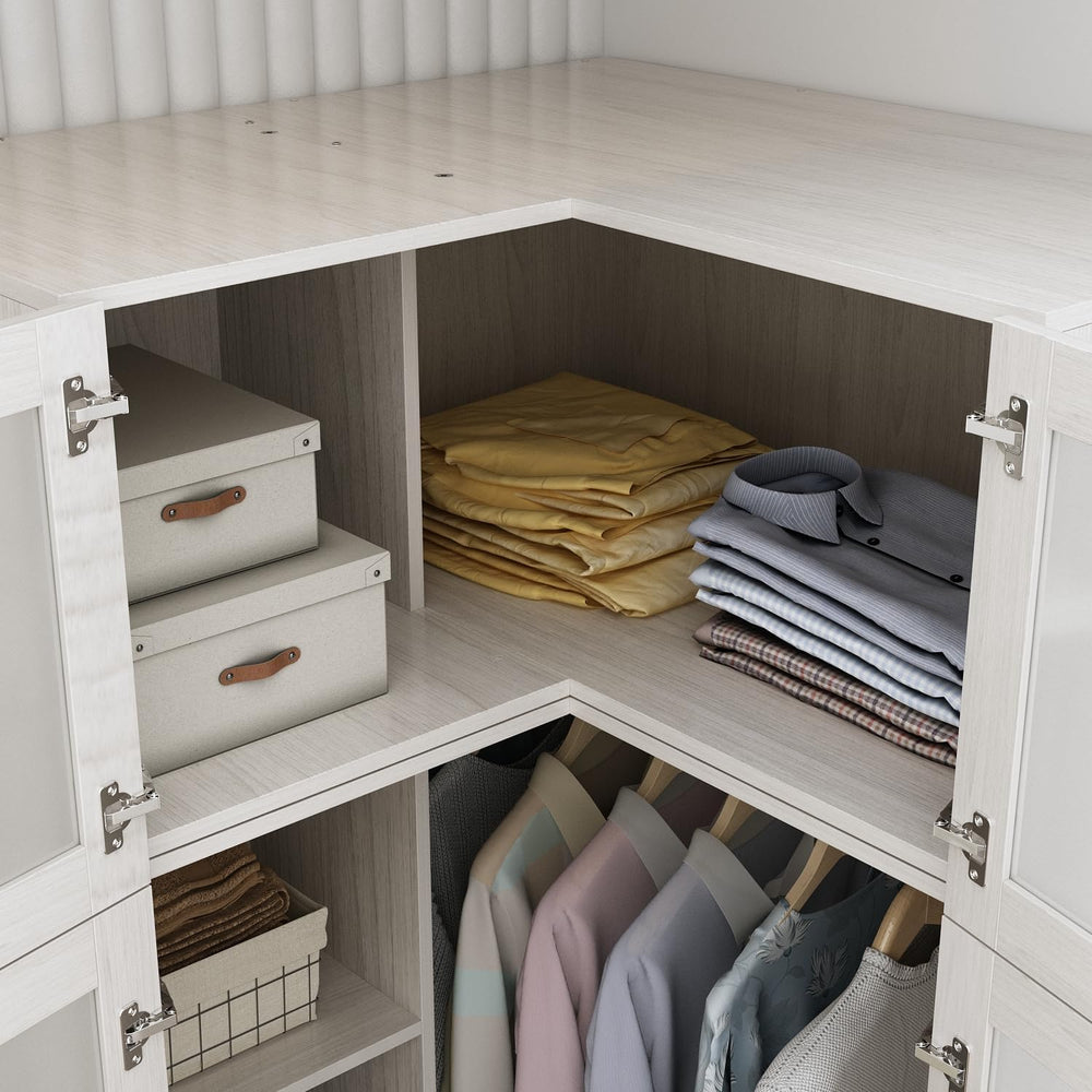 MOUMON Tall Corner Wardrobe, L-Shaped Modern Bedroom Armoires with Frosted Gl...
