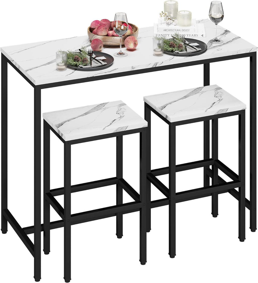 Yongchuang 3 Piece Bar Table Set, White Bar Table and Chairs Set for 2, Modern Counter Height Bar Table with 2 Stools for Kitchen, Dining Room High Top Breakfast Table Faux Marble Wood Top