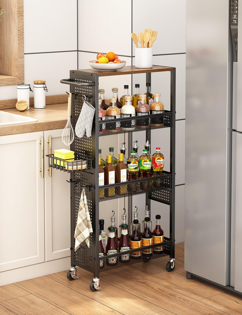 Slim Storage Rolling Cart: 4-Tier Narrow Metal and Wood Utility Cart with Whe...