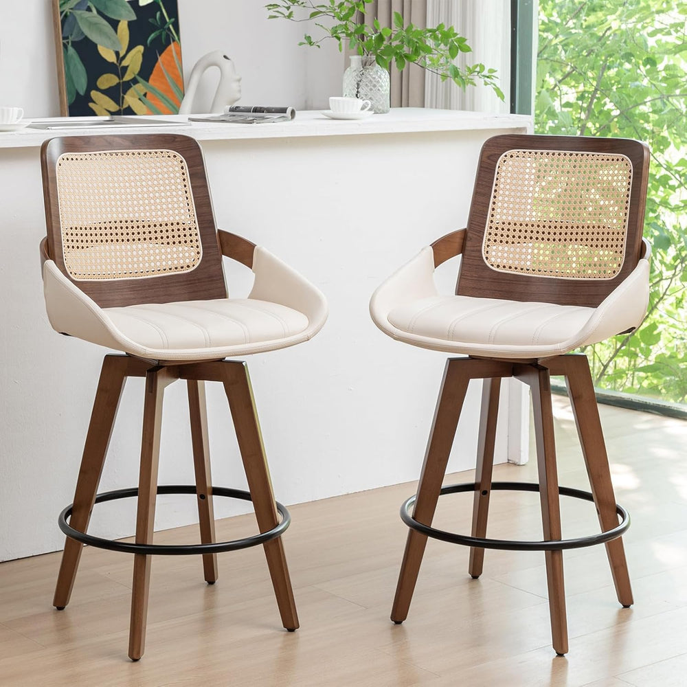 Mid Century Modern Counter Stools, Rattan Swivel Counter Stools with Back | N...