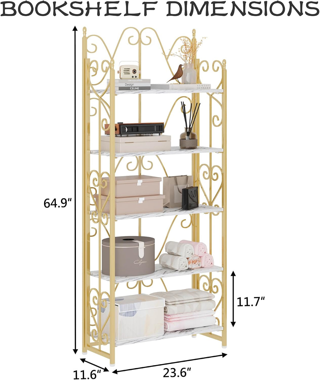 JSB 5 Tier Folding Bookshelf,Industrial Storage Shelves, No Assembly Vintage Wood Look Bookshelf with Storage Shelves for Living Room, Bedroom, Office (White and Gold)