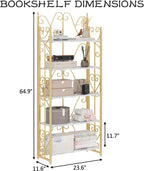 JSB 5 Tier Folding Bookshelf,Industrial Storage Shelves, No Assembly Vintage Wood Look Bookshelf with Storage Shelves for Living Room, Bedroom, Office (White and Gold)