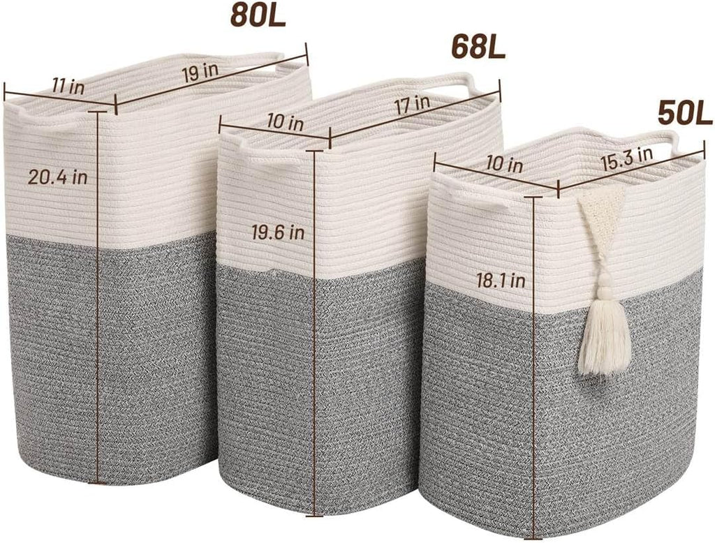 Tall Laundry Basket With Handles,Woven Cotton Rope Big Laundry Hamper Sorters,Versatile Storage for Dirty Clothes,Baby Toys,and Blankets in Bathroom, Nursery,and Living Room (Silver Gray, 50L)