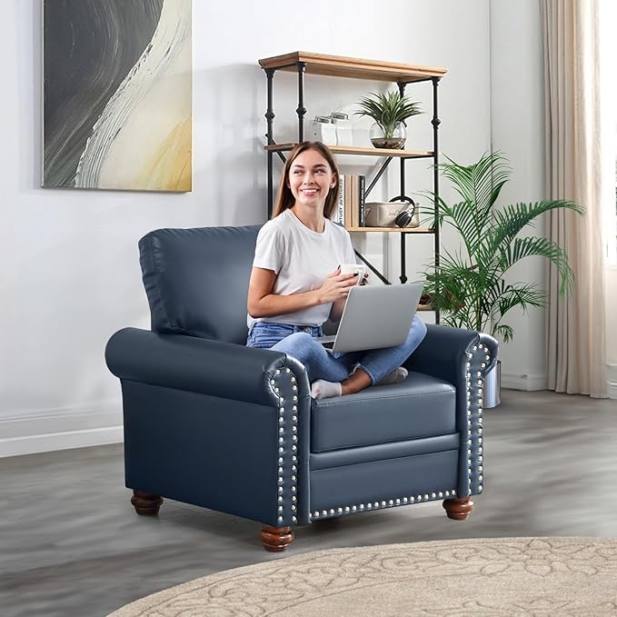 Faux Leather Accent Chair,35" W Upholstered Mid Century Modern Armchair with Rivet Rolled Arm,Deep Seat Comfy Single Sofa Chair for Living Room,Bedroom,Apartment,Office(Navy)