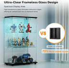 VINGLI Glass Display Cabinet with 3 Shelves, Double Doors and Lock, Floor Standing Curio Cabinets with LED Light, Upgraded Tempered Glass Bookshelf, for Living Room Living Room Bedroom Office, Black