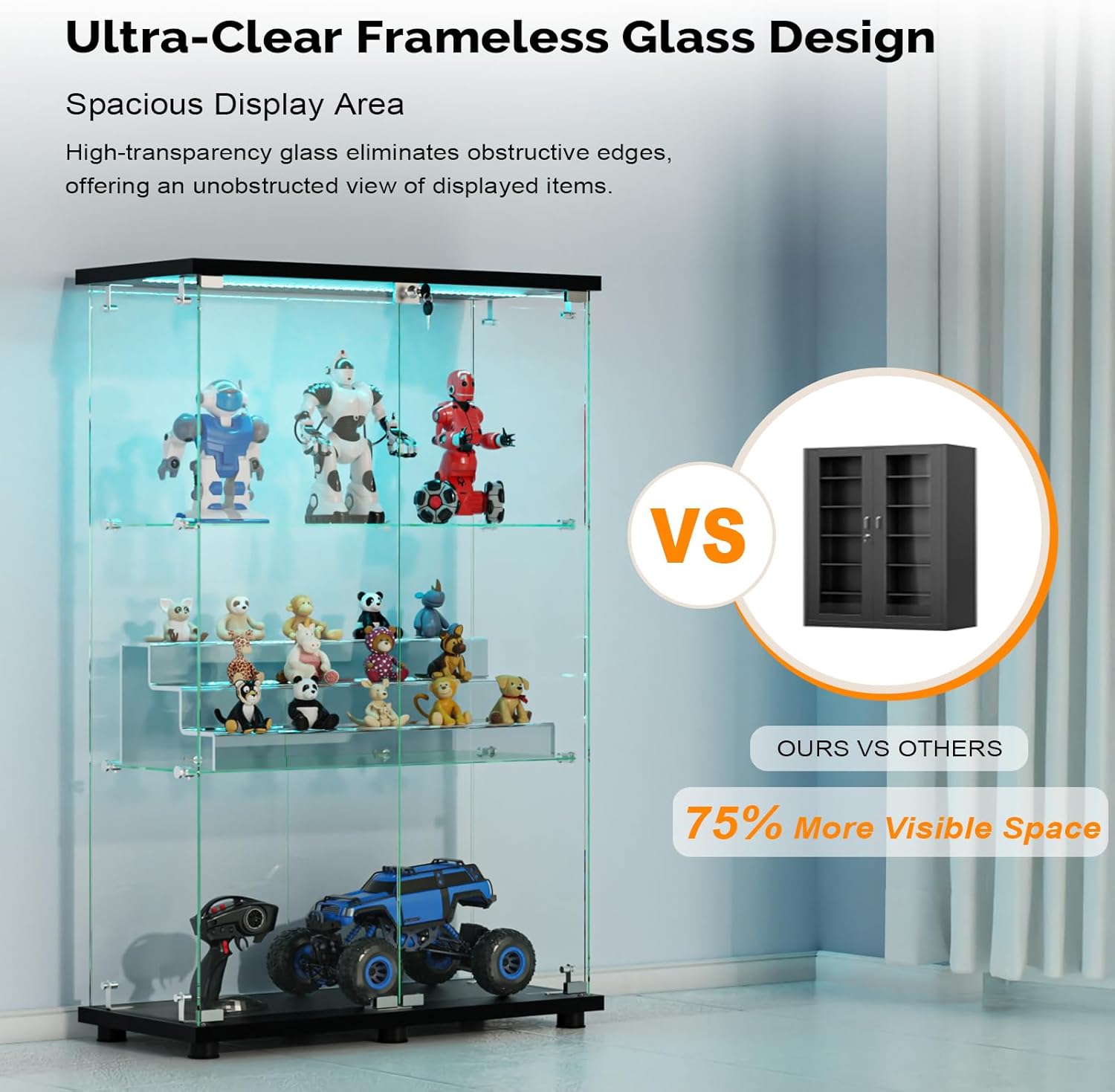 VINGLI Glass Display Cabinet with 3 Shelves, Double Doors and Lock, Floor Standing Curio Cabinets with LED Light, Upgraded Tempered Glass Bookshelf, for Living Room Living Room Bedroom Office, Black