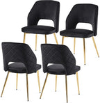 NORDICANA Modern Dining Chair Set of 4, Black Velvet Fabric Upholstered Accent Chairs with Golden Metal Legs, Round Back Side Chairs for Kitchen Living Room Bedroom