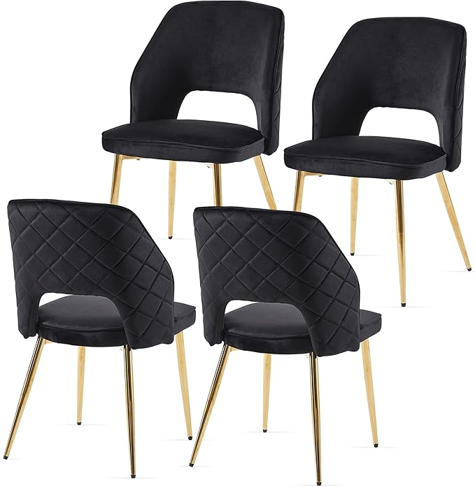 NORDICANA Modern Dining Chair Set of 4, Black Velvet Fabric Upholstered Accent Chairs with Golden Metal Legs, Round Back Side Chairs for Kitchen Living Room Bedroom