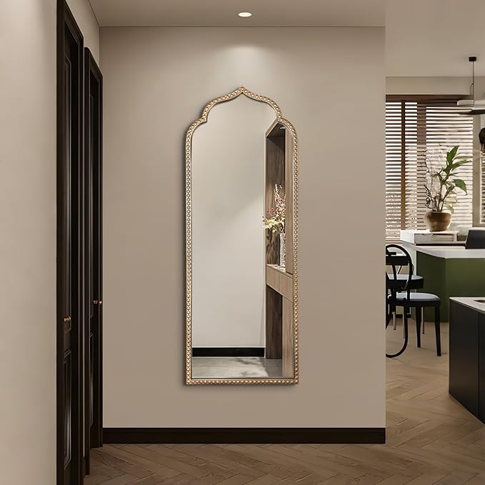 Large Arch Mirror, 20"x53" Gold Arched Floor Mirrors for Dressing, Metal Beaded Frame Decorative Vintage Mirror, Scalloped Full Length Mirrors for Living Room Bedroom Hallway Entryway