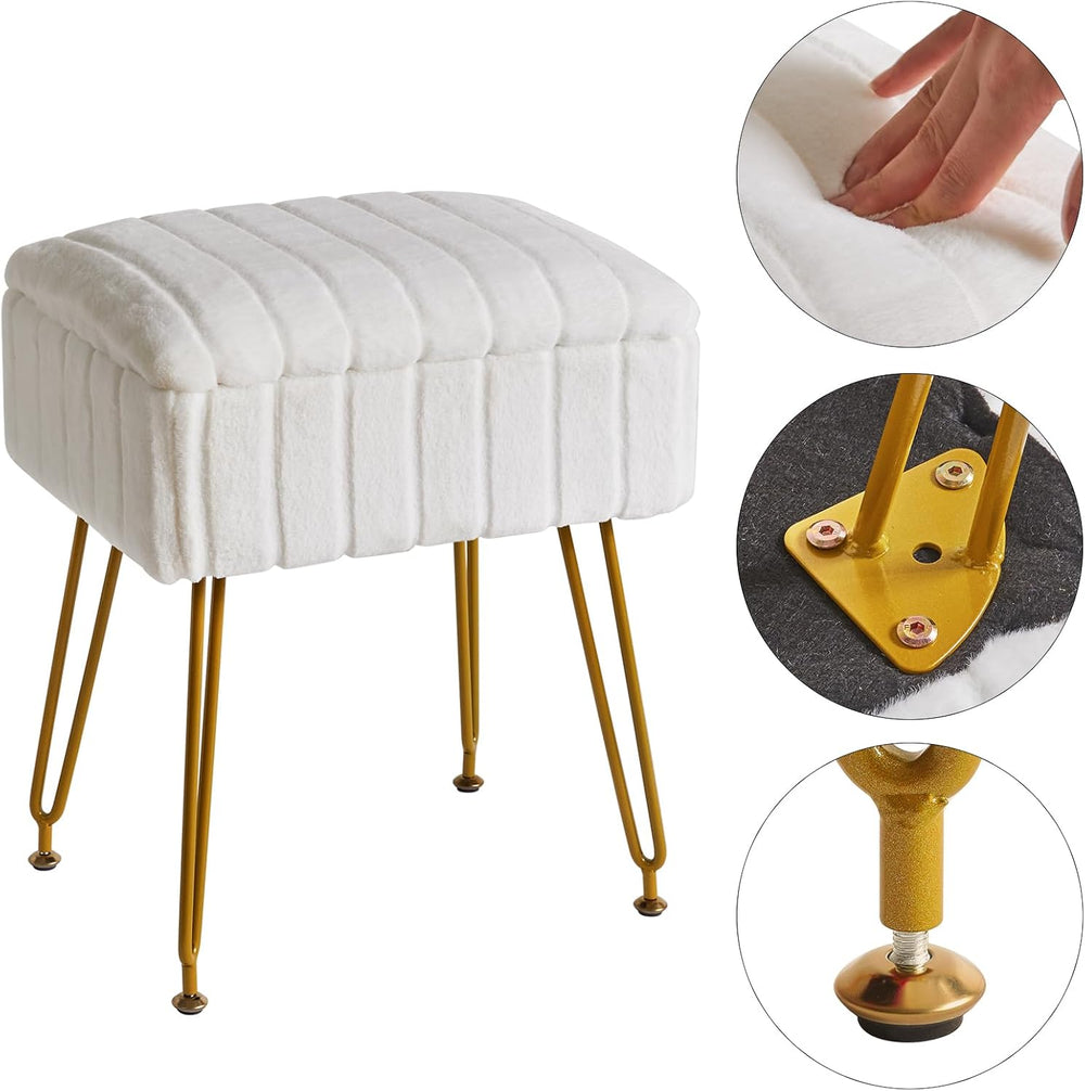 IBUYKE Vanity Chair with Storage, Faux Fur Footrest Ottoman, White LG-50W | S...