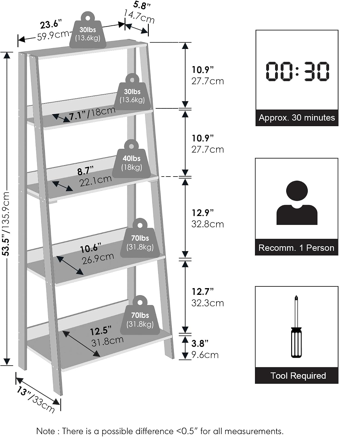 Ladder Holder Shelf, 5-Tier Display Rack, Living Room Bookshelf, Home Office Holder, French Oak Finish, 13 X 23.6 53.5, Adjustable, Lightweight, Durable, Portable, Storage