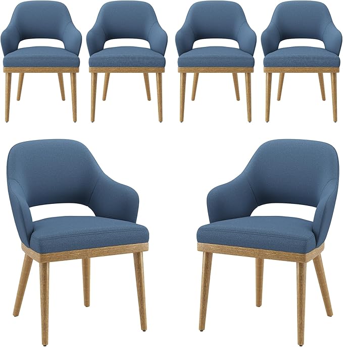 Wooden Dining Chairs Set of 6, Modern Fabric Upholstered Dining Room Chair, Kitchen Side Chairs, Farmhouse Dinner Chair with Open Back for Kitchen, Blue