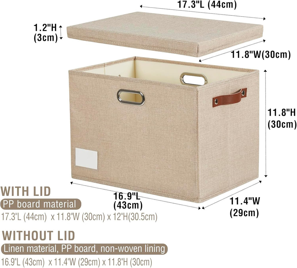 17" Large Collapsible Storage Bins with Lids, Stackable Closet Organizers with PU Handle and Labels, 3-Pack Decorative Fabric Storage Boxes for Home, Bedroom, Closet, Office, Nursery(Khaki)