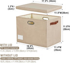 17" Large Collapsible Storage Bins with Lids, Stackable Closet Organizers with PU Handle and Labels, 3-Pack Decorative Fabric Storage Boxes for Home, Bedroom, Closet, Office, Nursery(Khaki)