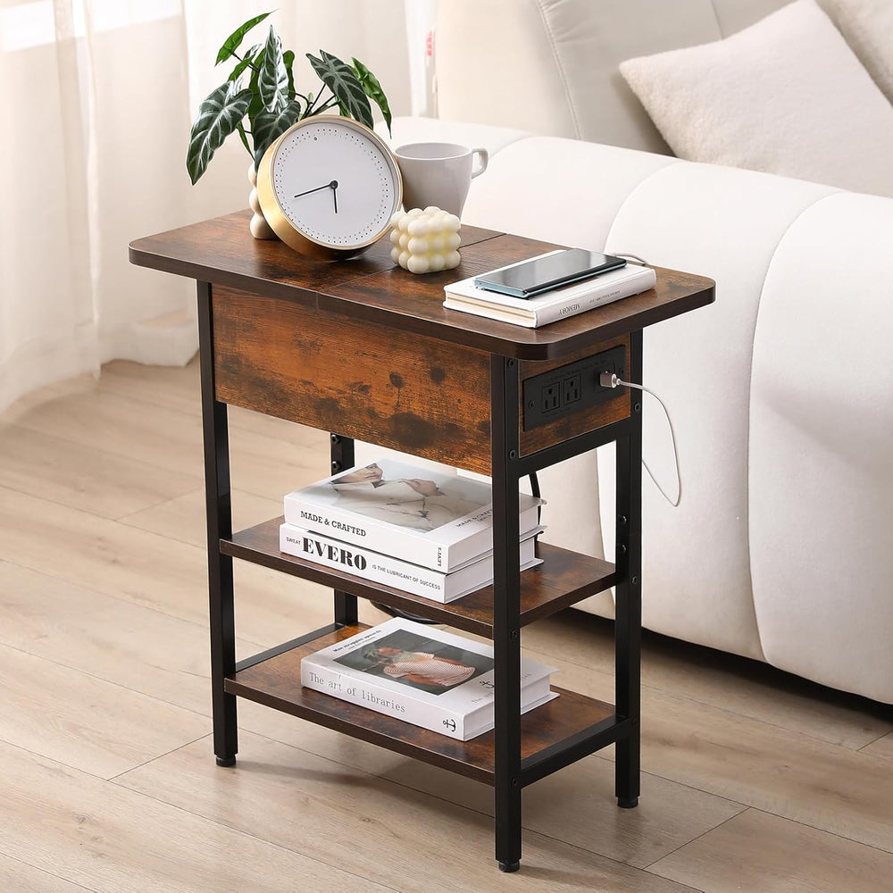 End Table with Charging Station, Narrow Side Table with USB Ports & Outle...