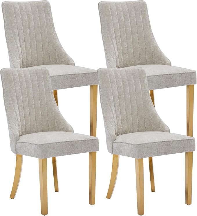 Dining Chairs Set of 4，Modern Channel Tufted Upholstered Dining Chairs with Golden Stainless Steel Legs, Comfortable Chenille Fabric Kitchen Chairs for Dining Room (Beige, 4pc)