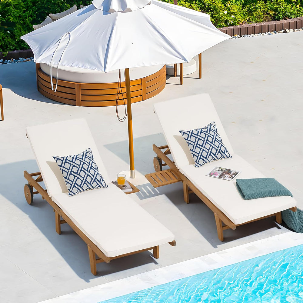 Patiorama Patio Acacia Wood Chaise Lounge Set of 2, Pull-Out Table, Cream