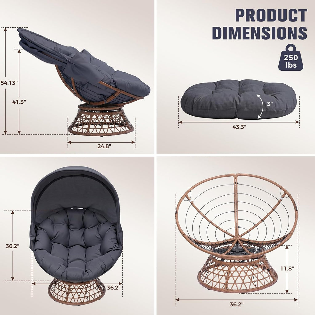 GTPLAYER Outdoor Wicker Egg Chair PE Rattan Chair with Cushion, Oversized Patio Lounge Chair with Canopy Papasan Chair 360° Swivel Base for Outdoor, Indoor, Balcony, Backyard, Garden, Gray