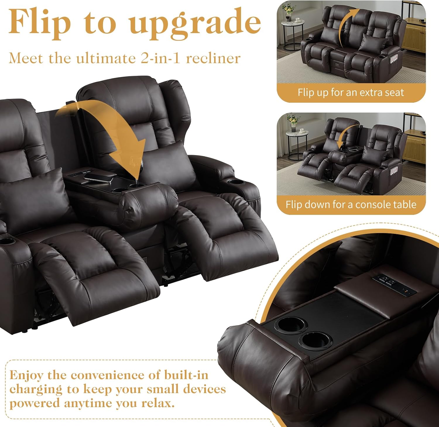 Loveseat Recliner Sofa,RV Wall Hugger Recliners with Flip-up Console,Reclining Loveseat Sofa Recliner with Cup Holders/Lumbar Pillows for Small Spaces,RV Furniture (PU Brown, 68" 2-Seater)