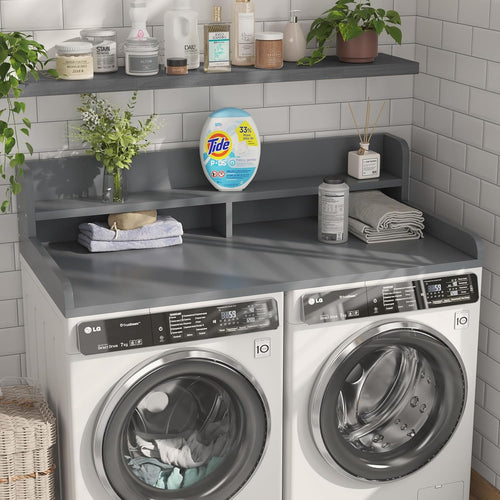 2-Tier Washer Dryer Countertop with 2.75"H Edge Rails, 54" W x 27.55" D Laundry Countertop for Folding Clothes, Washer and Dryer Topper with Non-Slip Pad (Gray)