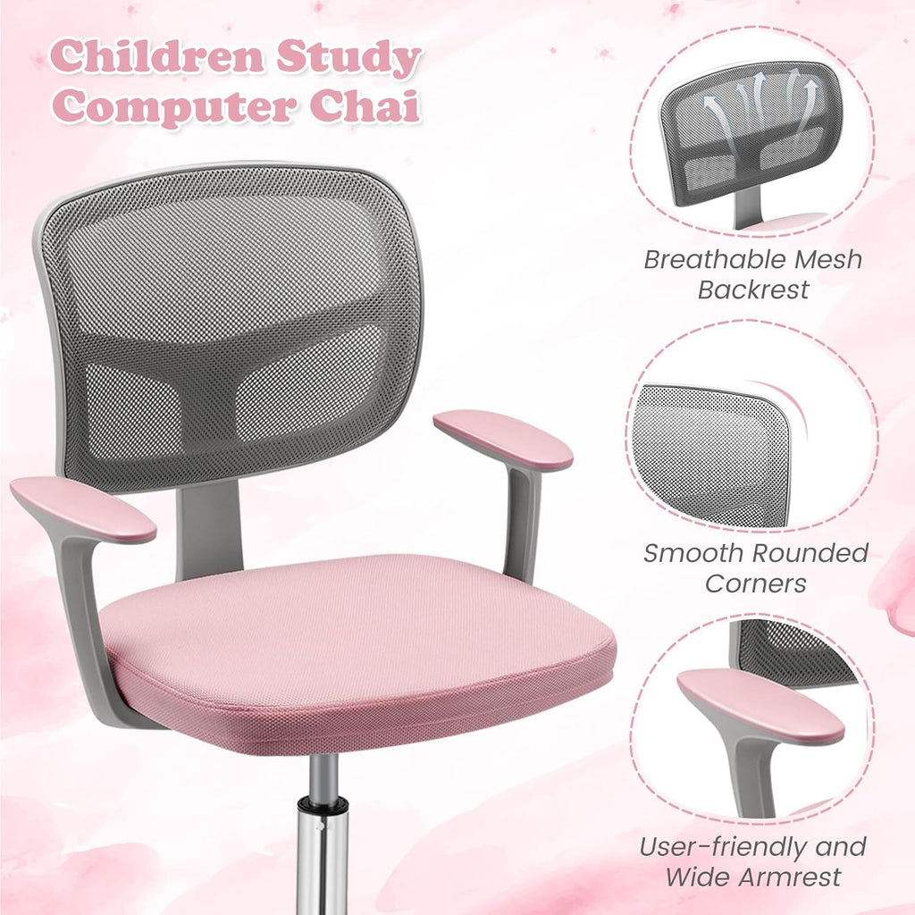 Giantex Kids Desk Chair, Ergonomic Adjustable Teen Task Chair w/Y-Shaped Lumbar Support, Armrest & Universal Wheels, Mesh Kid Office Chair for Sturdy, Kids Computer Chair for Boys & Girls 4-12, Pink