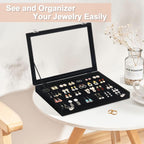 Jenseits Earring Organizer Tray, Earring Box with Clear Lid 80 Slots Velvet Drawer,Earring Tray with Lock, Jewelry Display Case for Women Girls, Black