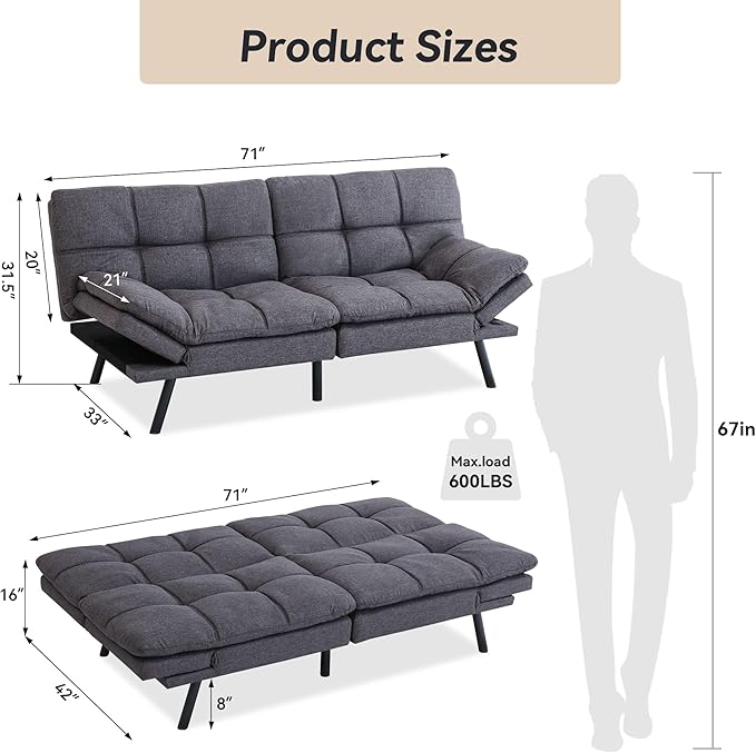 71" Convertible Futon Sofa Bed,Linen Fabric Futon Couch Bed,Memory Foam Sleeper Sofa,Modern Folding Small Loveseat for Living Room,Office,Apartment,Retro Grey