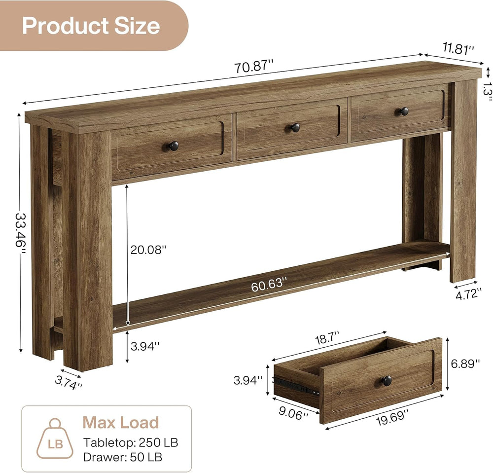 Tribesigns 70.9-Inch Long Console Table with 3 Drawers, Farmhouse Entryway Ta...