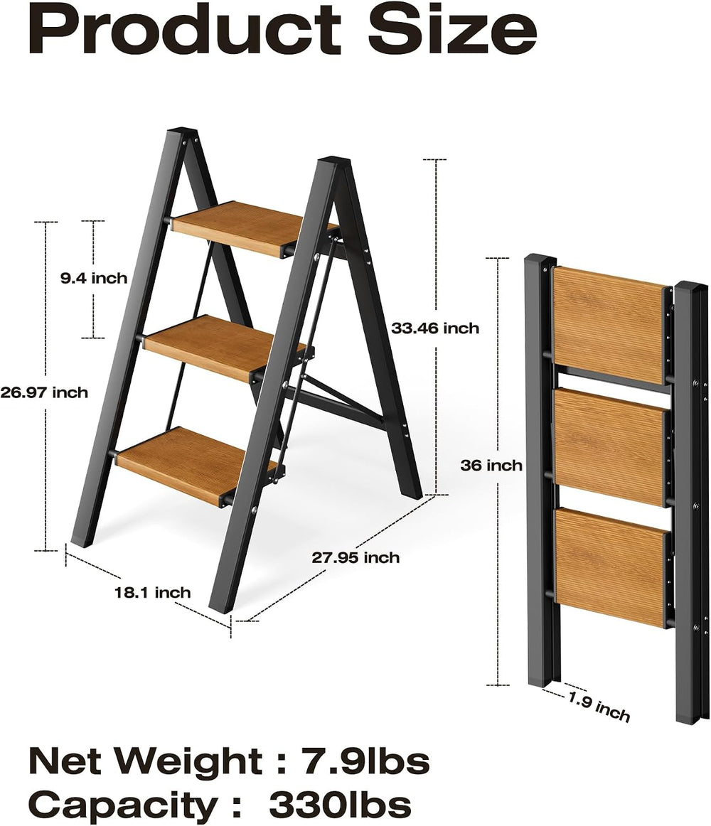 3 Step Stool Foldable,Aluminum Step Ladder-Blackwoodgrain