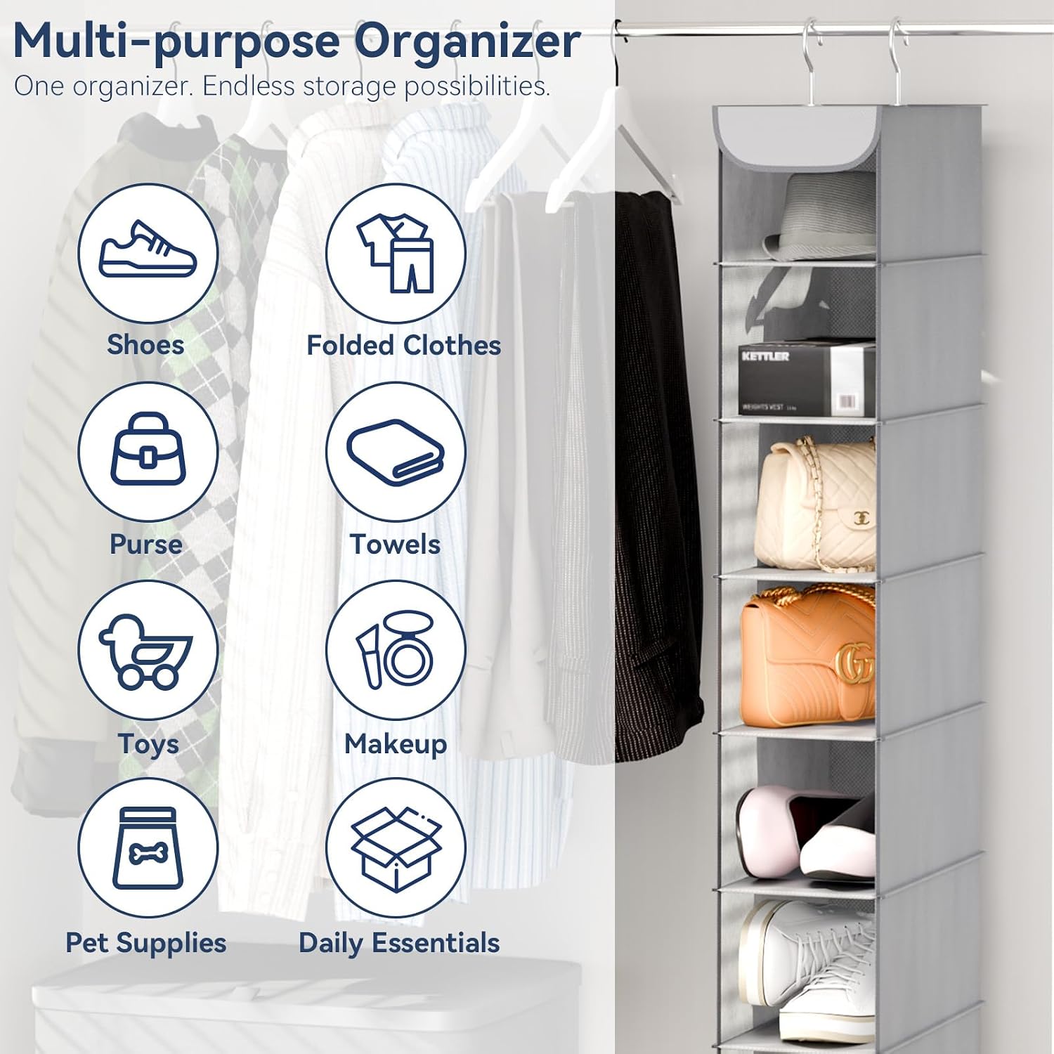 Whitmor Hanging Shoe Organizer, 8 Shelves-Hanging Closet Organizer, Hanging Shoe Rack for Small Closet, Hanging Shelves for Storage Shoes Clothes 11.5" D x 5.5" W x 41" H, Grey