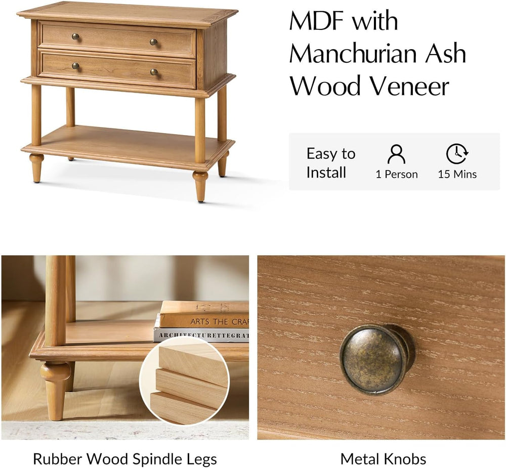HULALA HOME Farmhouse Nightstand Set of 2 with Drawer & Open Shelf, Natur...