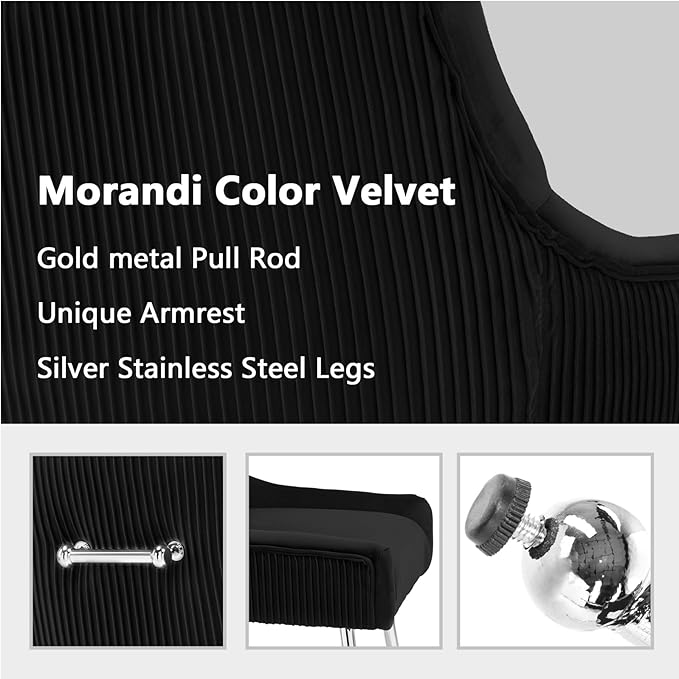 Modern Dining Chairs Set of 2 with Silver Metal Legs, Velvet Upholstered Kitchen Chair Pleated Back, Mid Century Accent Chair for Vanity, Living Room, Black