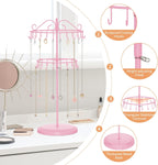 iDavosic.ly 2 Tier Rotating Necklace Holder Organizer with 42 Hooks, Adjustable Metal Bracelet Display Stand Rack, Extra Tall Keychain Spinning Tree Tower for Women, Pink