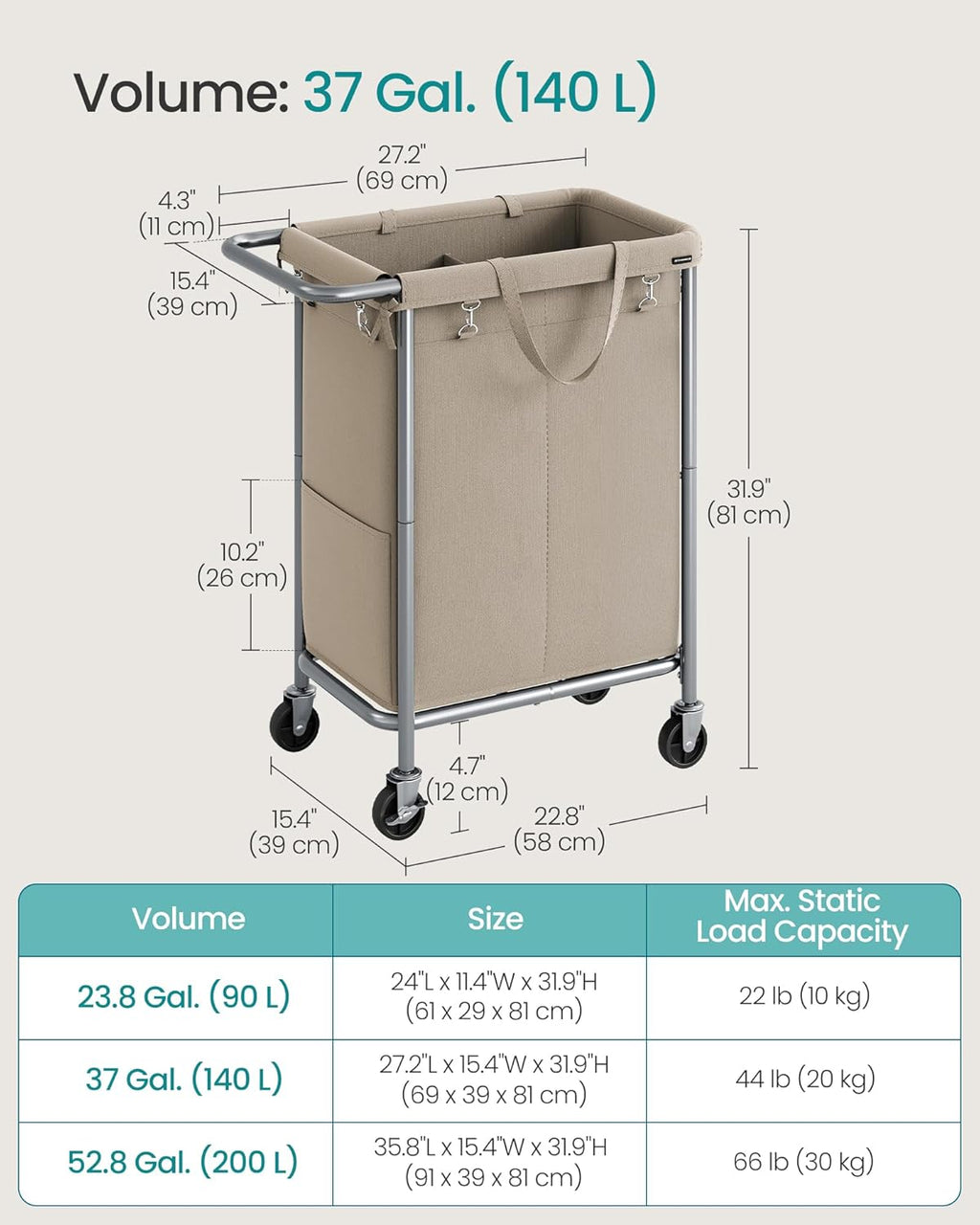 SONGMICS Laundry Basket with Wheels, 2-Section Rolling Laundry Hamper, 37 Gallons (140 L), Removable Liner, Steel Frame with Handle, 27.2 x 15.4 x 31.9 Inches, Camel Brown URLS004N01