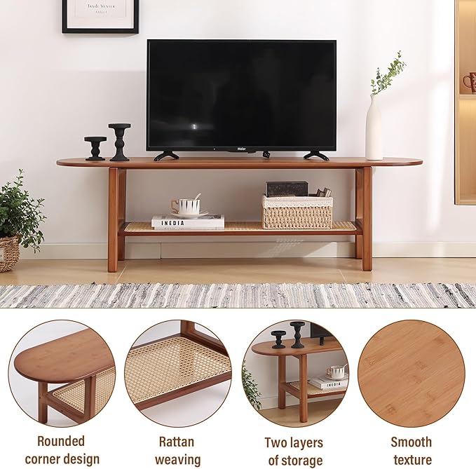 Tiita TV Stand with Storage for TV up to 65 inch, Bamboo Rattan TV Console Entertainment Center with 2 Open Shelf, Mid Century Modern Media Console for Living Room, Bedroom, Walnut