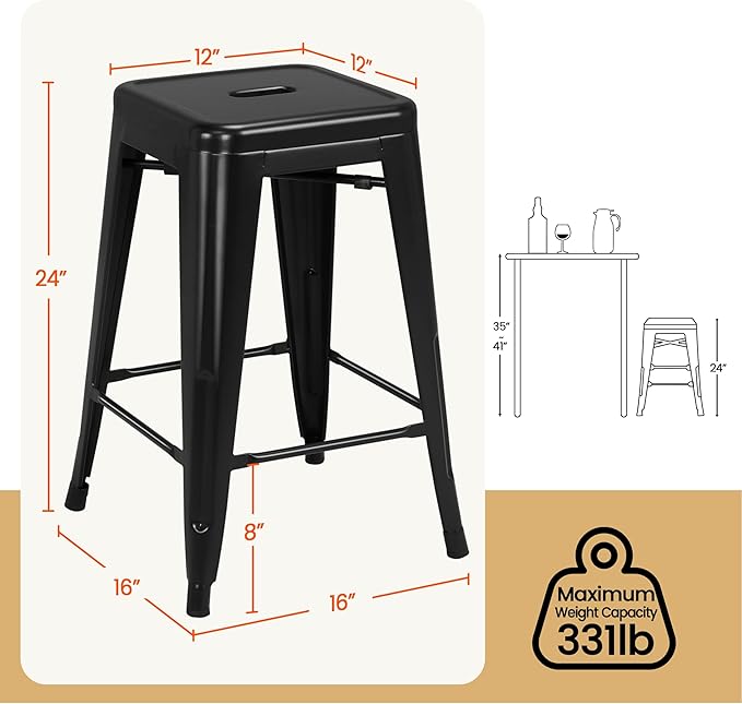 Yaheetech 24 Inch Metal Barstools Set of 4, Counter Height Backless Stools, I...