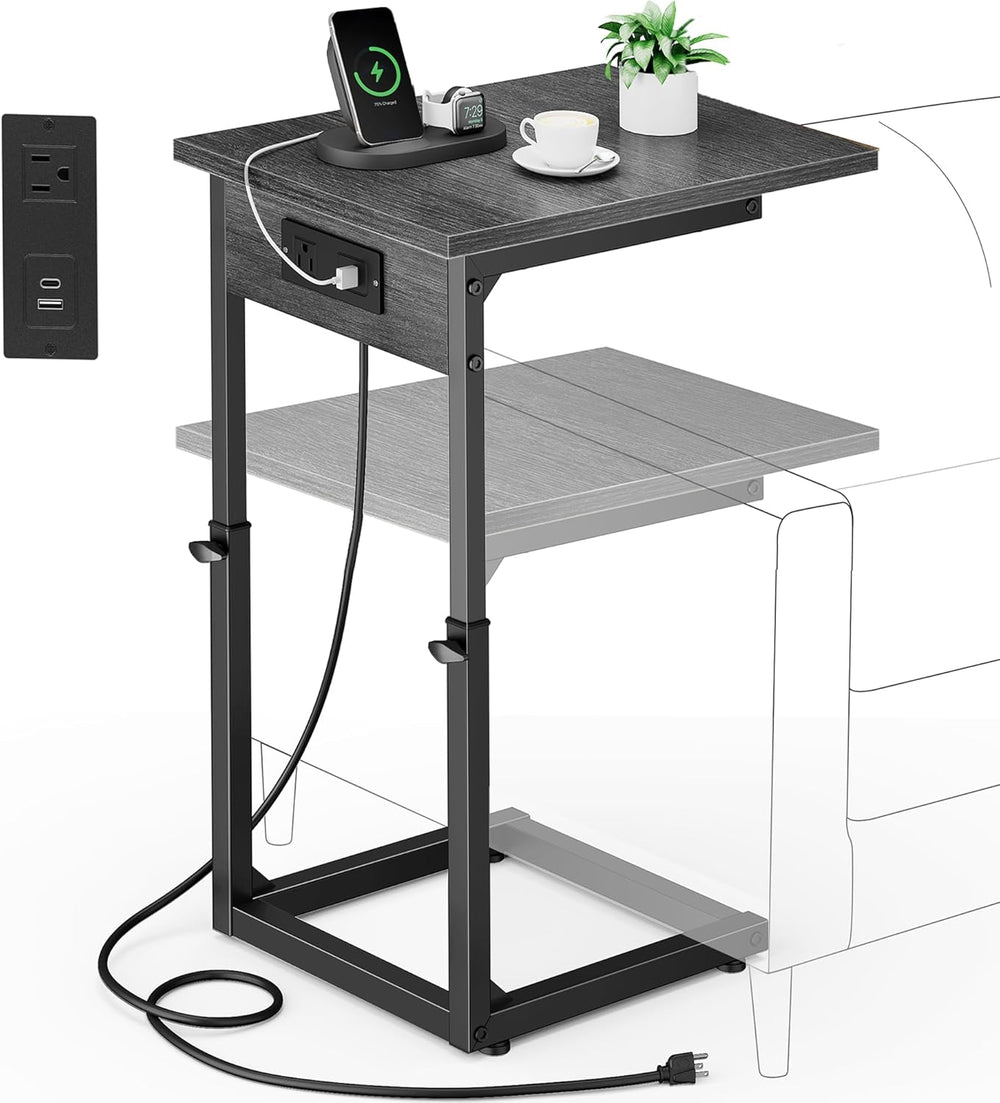 Vagusicc C Shaped End Table with Charging Station, 33" Tall Side Table f...