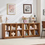 6 Cube Storage Organizer, 40" Wide Low Horizontal Book Shelf with Curved Edge, Floor Standing 2-Tier Wooden Bookshelf with Base, Modern Short Lattice Bookcase for Bedroom, Home Office, Brown
