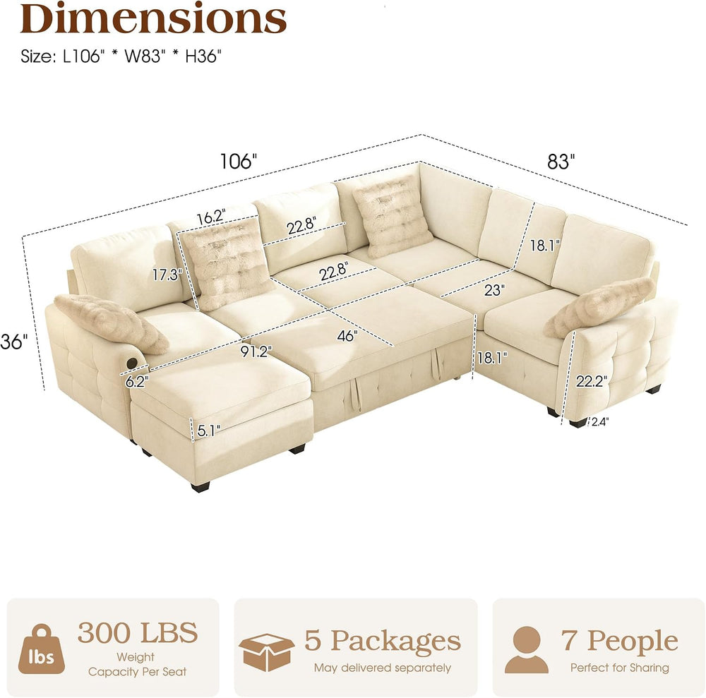Ihanherry 106-inch Large L-Shaped Sectional Sofa Bed, 7-Seater Convertible Pu...